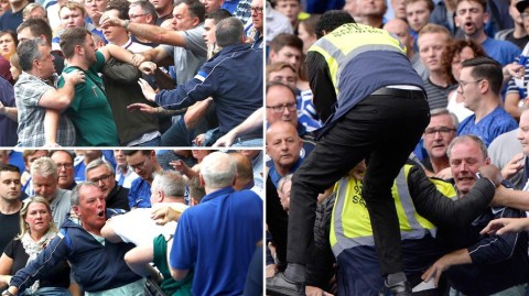 蓝军看台失控瞬间：球迷挥拳相向眼镜横飞