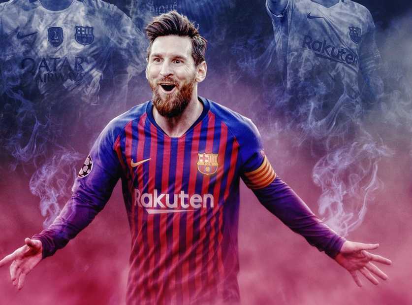 梅西在比赛中目光如炬，带球突破防线，身后是紧盯不放的防守球员，整个画面充满紧张与动感