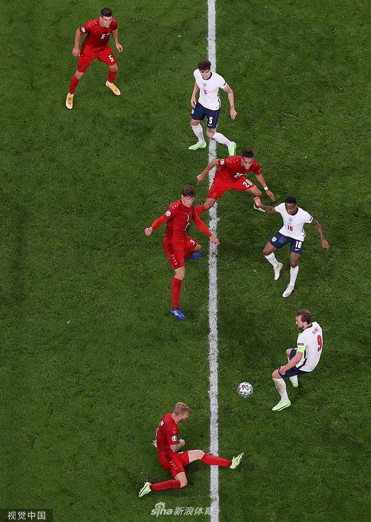 进球的英格兰队长凯恩被兴奋的队友们团团围住，他高举双臂，脸上洋溢着胜利的喜悦和如释重负的表情，背景是沸腾的温布利球场看台。