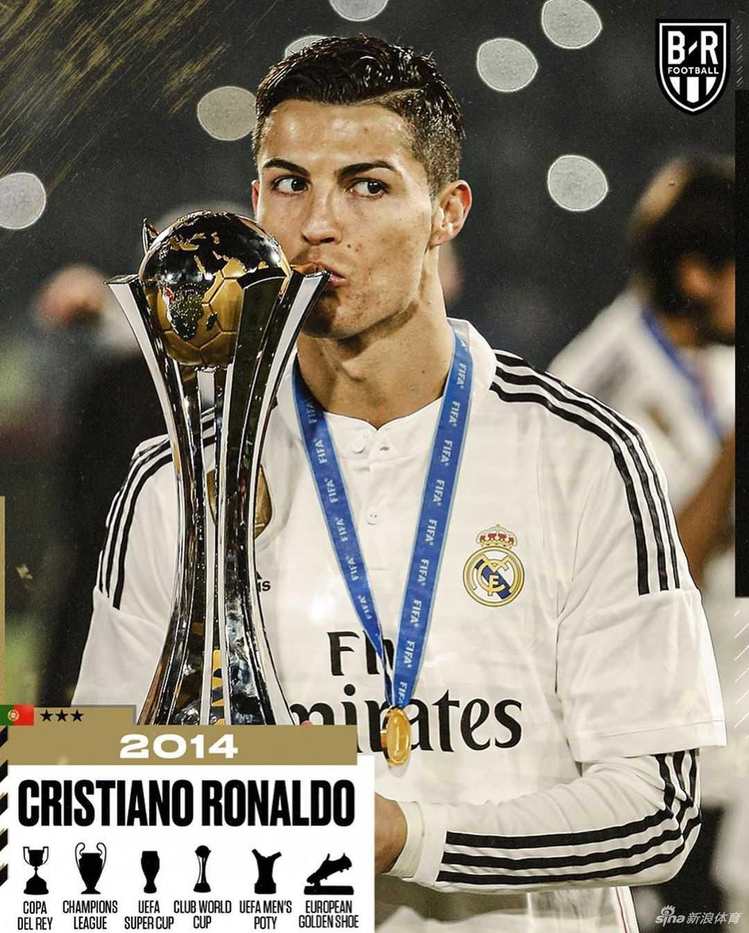 梅西和C罗手捧金球奖杯的历史性同框，这是属于他们两人共同的光辉岁月