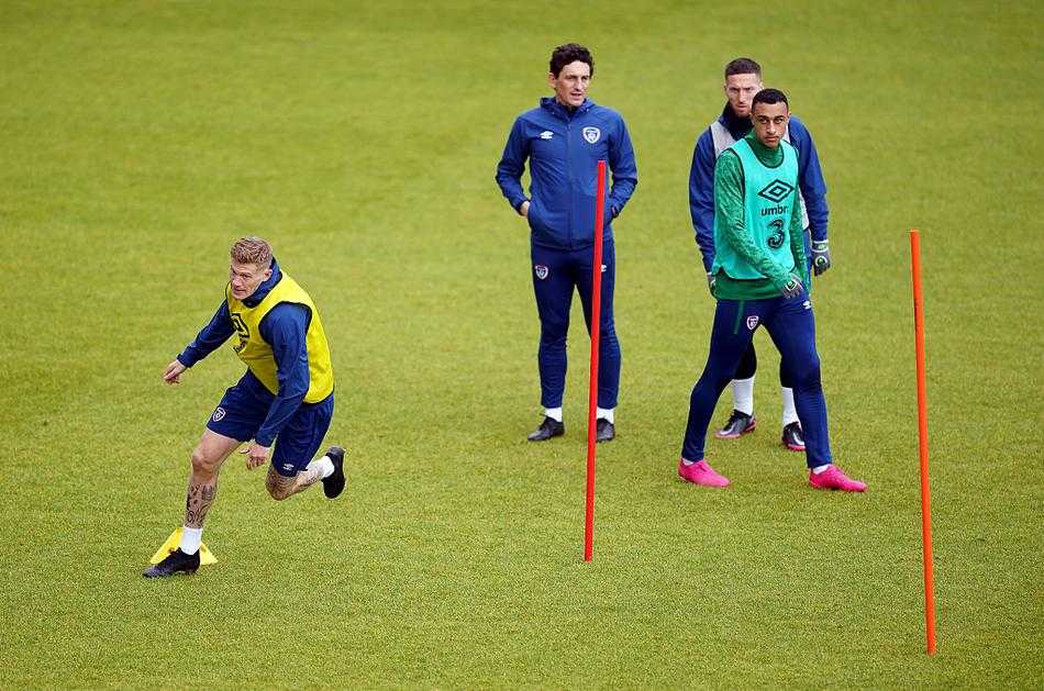 夕阳余晖洒在空无一人的温布利大球场草皮上，爱尔兰队员的赛前踩场训练，仿佛在为一场无声的战役进行最后的预演